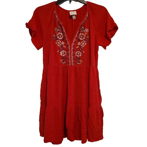 Knox Rose Dresses | Knox Rose Womens Short Sleeve V Neck Tiered Embroidered Dress Size Xs Red | Color: Red | Size: Xs | Zblt's Closet
